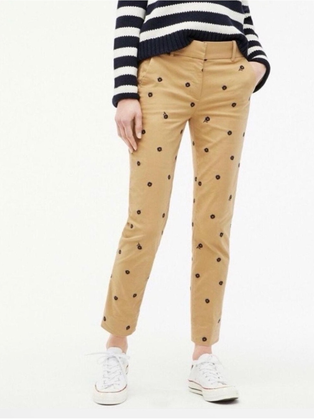 J. Crew Cameron Pant Embroidered Navy Hearts high Rise Girlfriend Chino Tan 2